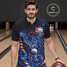 Load image into Gallery viewer, Male model front view at a bowling lane wearing a bowling polo shirt with flaming bald eagle artwork, blue bowling ball, American flag, and blue flames.