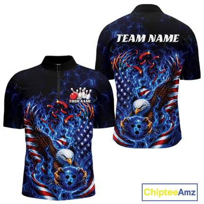 Front and back men’s bowling quarter zip shirt mockup featuring flaming bald eagle artwork, blue bowling ball, American flag, and blue flames.