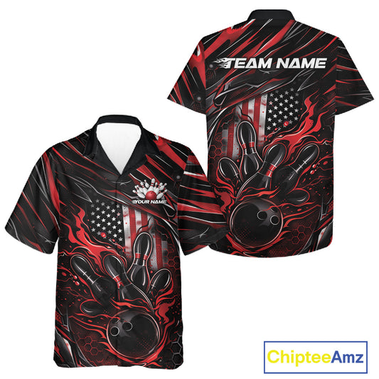 Front and back view of a black and red button-up bowling shirt featuring a flaming bowling ball and pins with patriotic graphics.