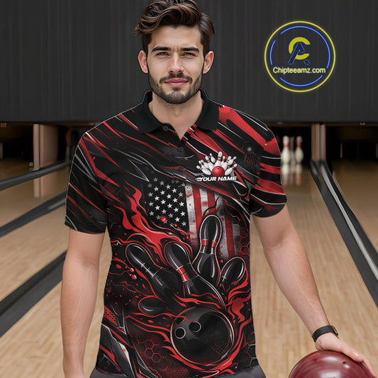 Male model at a bowling lane wearing a black and red bowling polo shirt with patriotic bowling strike artwork and fiery accents.