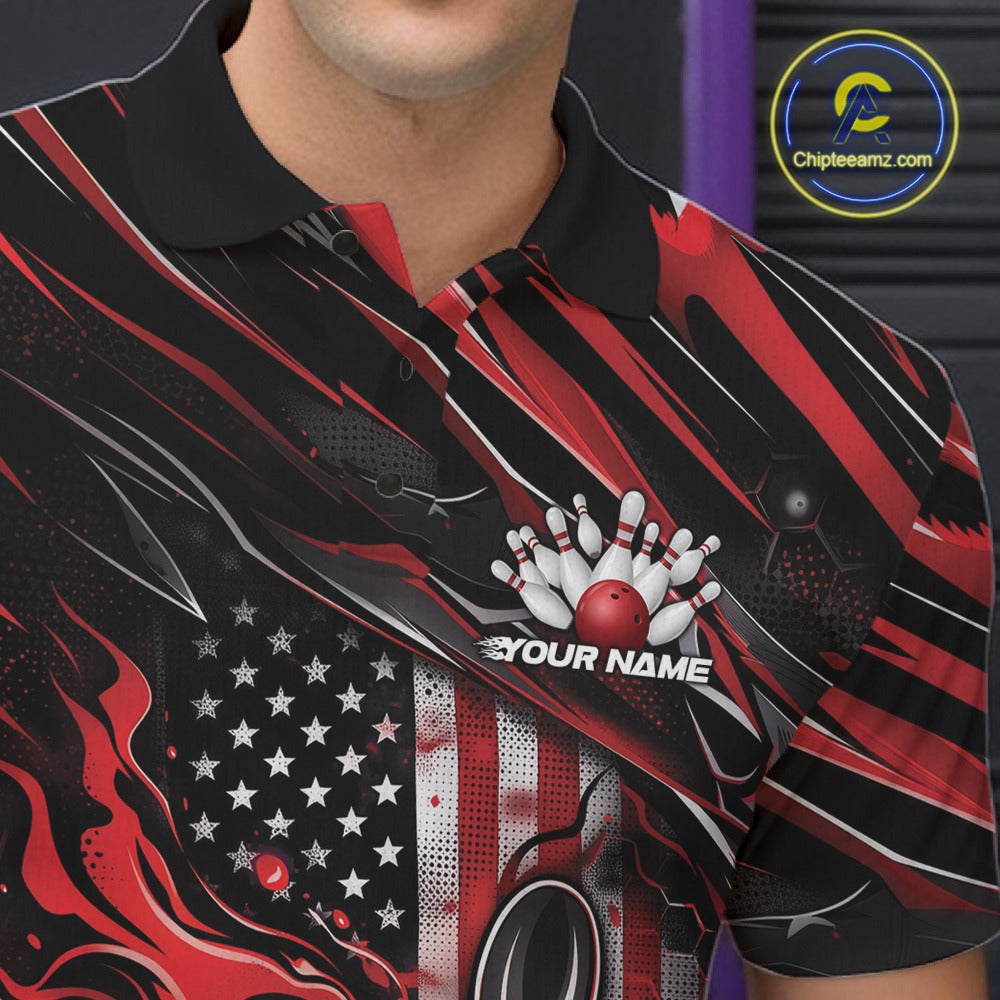 Close-up of the left chest on a black and red bowling polo shirt featuring a patriotic flaming bowling ball striking pins.