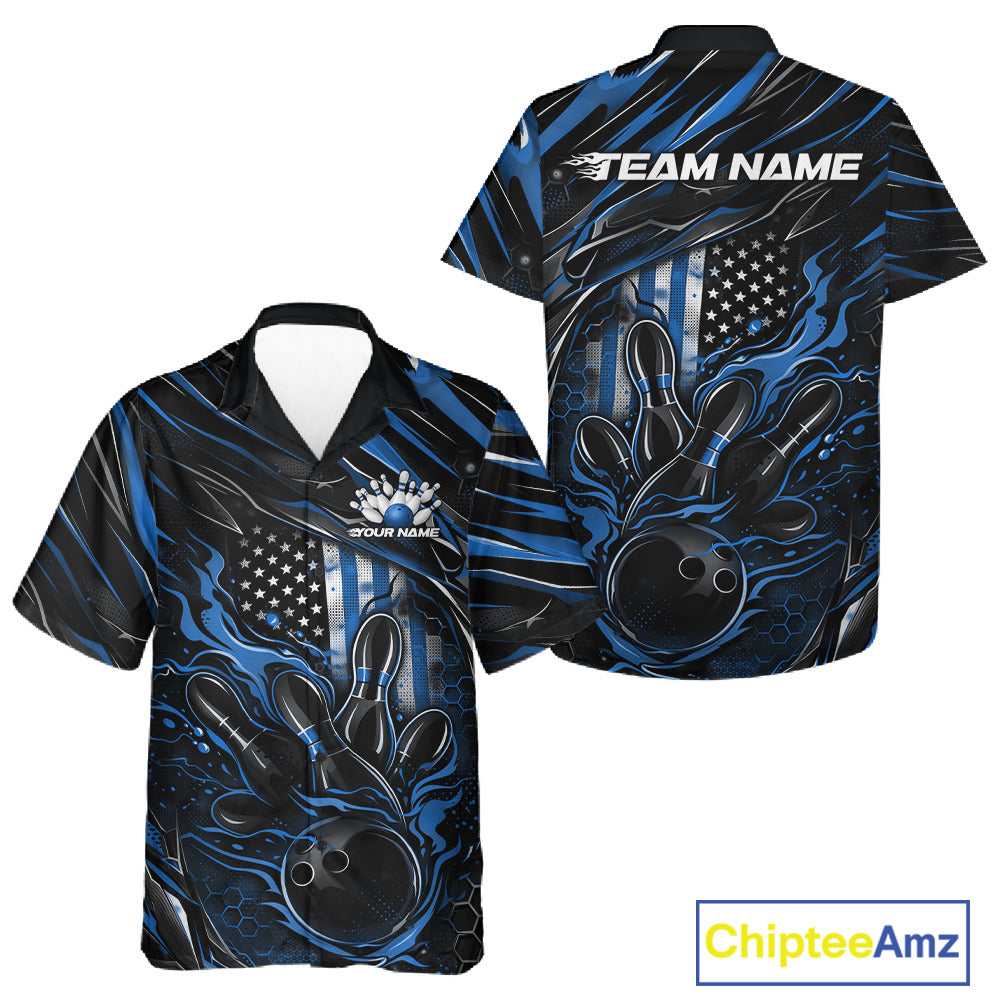 Front and back display of a black and blue button-up bowling shirt showcasing a patriotic bowling strike scene with American flag details.