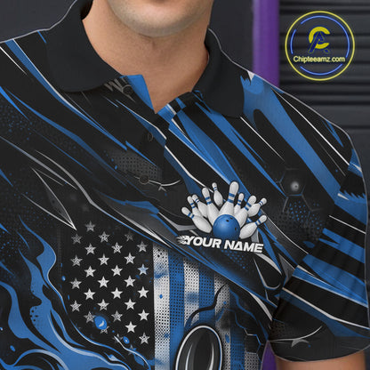 Close-up left chest detail of a black and blue bowling polo shirt featuring a patriotic bowling ball and pin design with flag-inspired graphics.