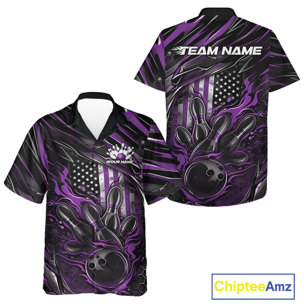 Front and back mockup of a black and purple button-up bowling shirt featuring a flaming bowling ball striking pins with patriotic American styling.