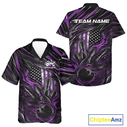Front and back mockup of a black and purple button-up bowling shirt featuring a flaming bowling ball striking pins with patriotic American styling.