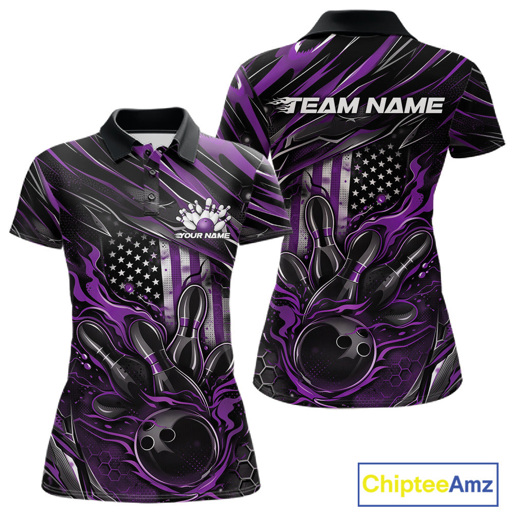 Front and back view of a black and purple women’s bowling polo shirt featuring a patriotic flaming bowling ball striking pins with American flag accents.