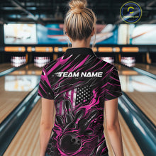 Load image into Gallery viewer, Custom Pink American Flag Flame Women Bowling Shirt, Patriotic Bowling Jersey IPHW11178