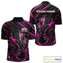 Load image into Gallery viewer, Custom Pink American Flag Flame Men Bowling Quarter-Zip Shirt, Patriotic Bowling Jersey IPHW11178