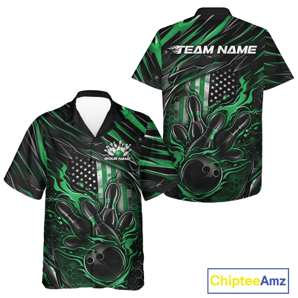 Front and back display of a black and green button-up bowling shirt featuring a patriotic flaming bowling ball striking pins with American flag graphics.