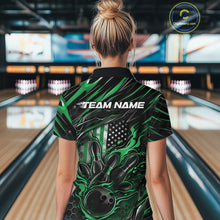 Load image into Gallery viewer, Custom Green American Flag Flame Women Bowling Polo Shirt, Patriotic Bowling Jersey IPHW11179