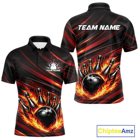 Front and back view of a black and red-orange men’s bowling polo shirt featuring a fiery bowling ball striking pins with dynamic stripe artwork.