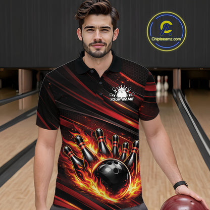 Male model at a bowling lane wearing a black and red-orange bowling polo shirt with flaming bowling strike graphics and energetic accents.