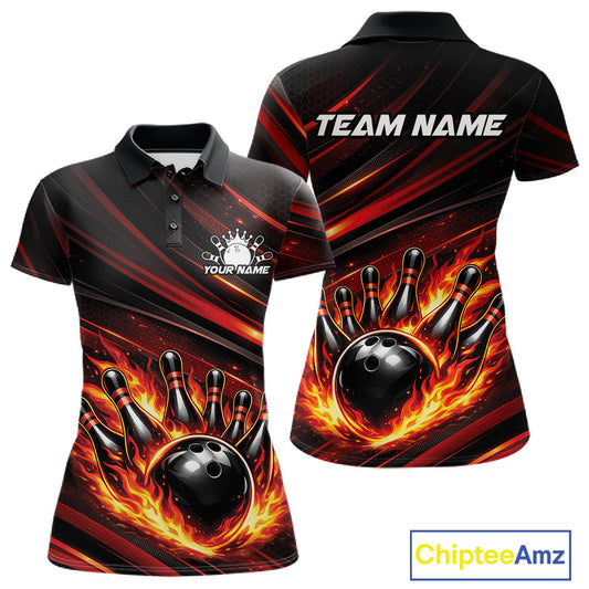 Front and back view of a black and red-orange women’s bowling polo shirt showcasing a fiery bowling ball striking pins with abstract stripe accents.