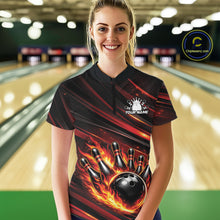 Load image into Gallery viewer, Custom Red Orange Fire Flame Bowling Team Women Quarter-Zip Shirt, Bowling League Shirt IPHW11185