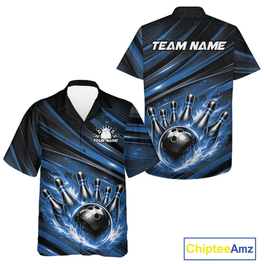 Front and back mockup of a black and blue button-up bowling shirt showcasing a fiery bowling ball striking pins with bold stripe graphics.