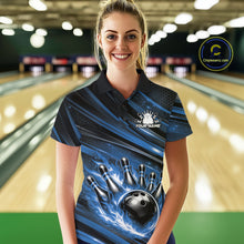 Load image into Gallery viewer, Custom Blue Fire Flame Bowling Team Women Polo Shirt, Bowling League Shirt IPHW11186