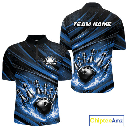 Front and back mockup of a black and blue men’s bowling quarter-zip shirt featuring a fiery bowling ball striking pins with abstract stripe graphics.
