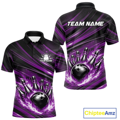 Front and back display of a black and purple men’s bowling polo shirt featuring a fiery bowling ball striking pins with abstract stripe artwork.