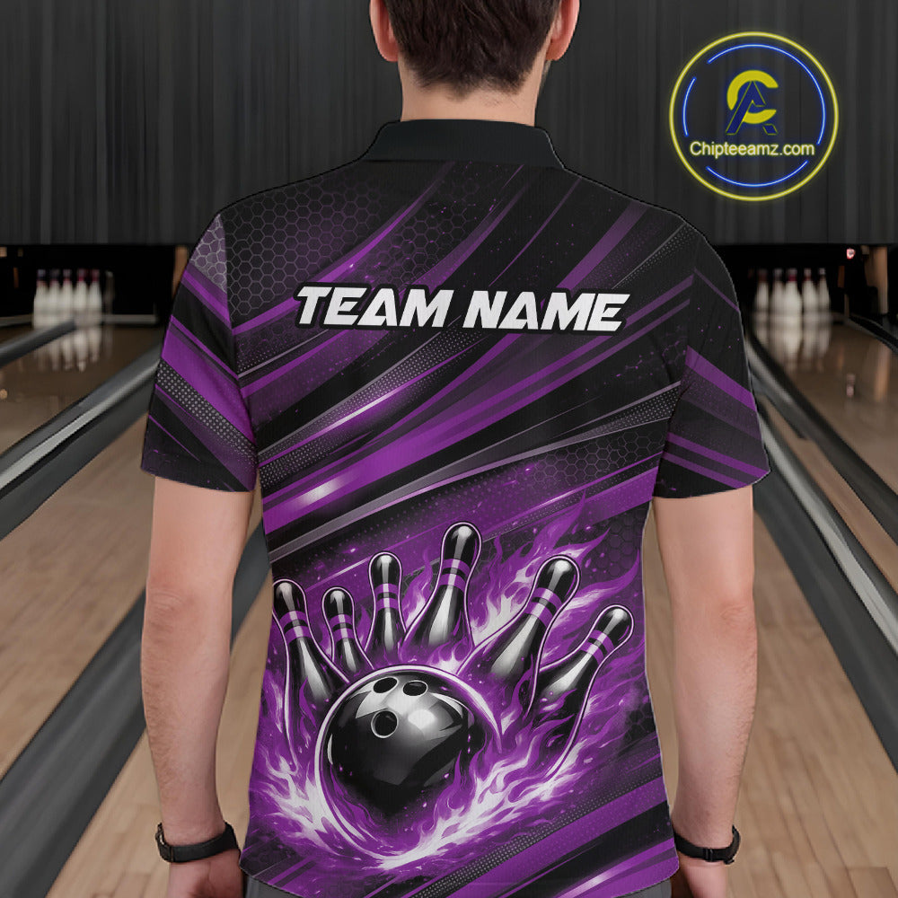 Back view of a male model in a bowling alley wearing a black and purple polo shirt featuring a bowling strike motif with flame effects.