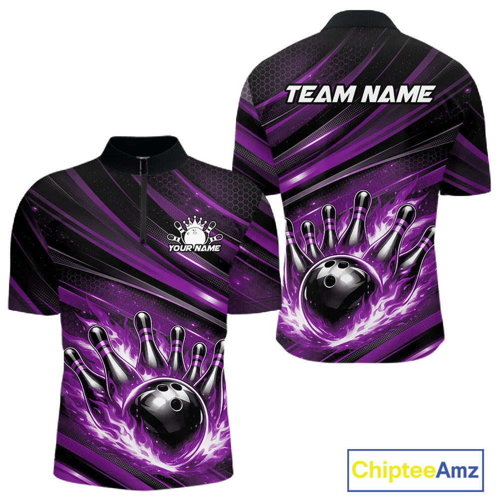 Front and back display of a black and purple men’s bowling quarter-zip shirt featuring a fiery bowling ball striking pins with abstract stripes.