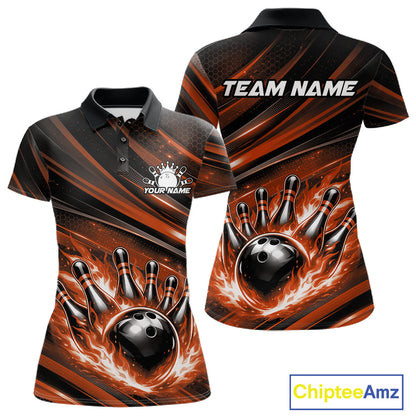 Front and back view of a black and orange women’s bowling polo shirt showcasing a fiery bowling ball striking pins with abstract stripe graphics.
