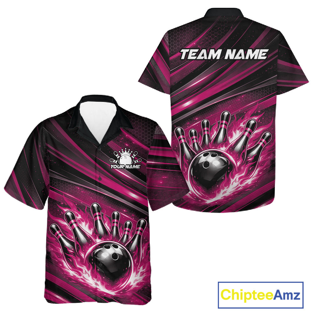 Front and back mockup of a black and pink button-up bowling shirt featuring a fiery bowling ball striking pins with abstract stripe artwork.