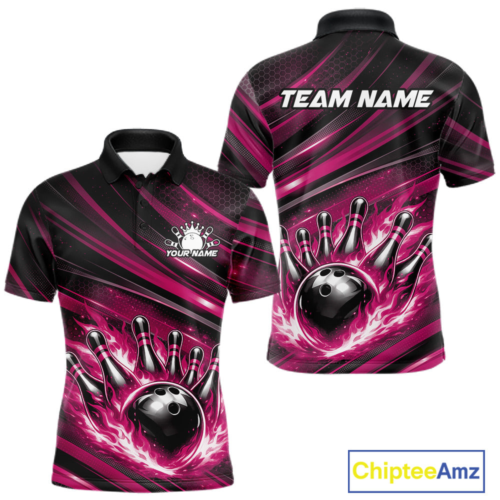 Front and back mockup of a black and pink men’s bowling polo shirt showcasing a fiery bowling ball striking pins with abstract stripe artwork.