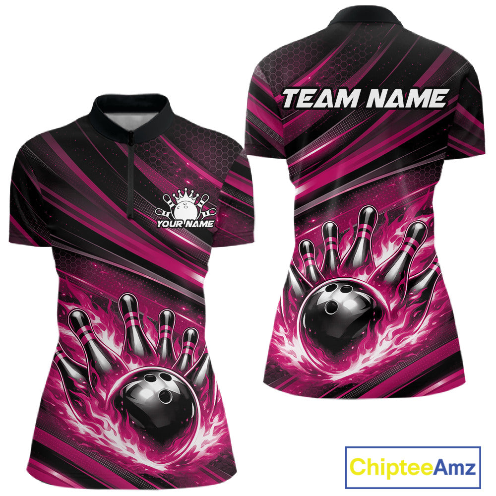 Women’s quarter zip bowling shirt mockup featuring black and pink shirt with fiery bowling ball striking pins and abstract stripe design
