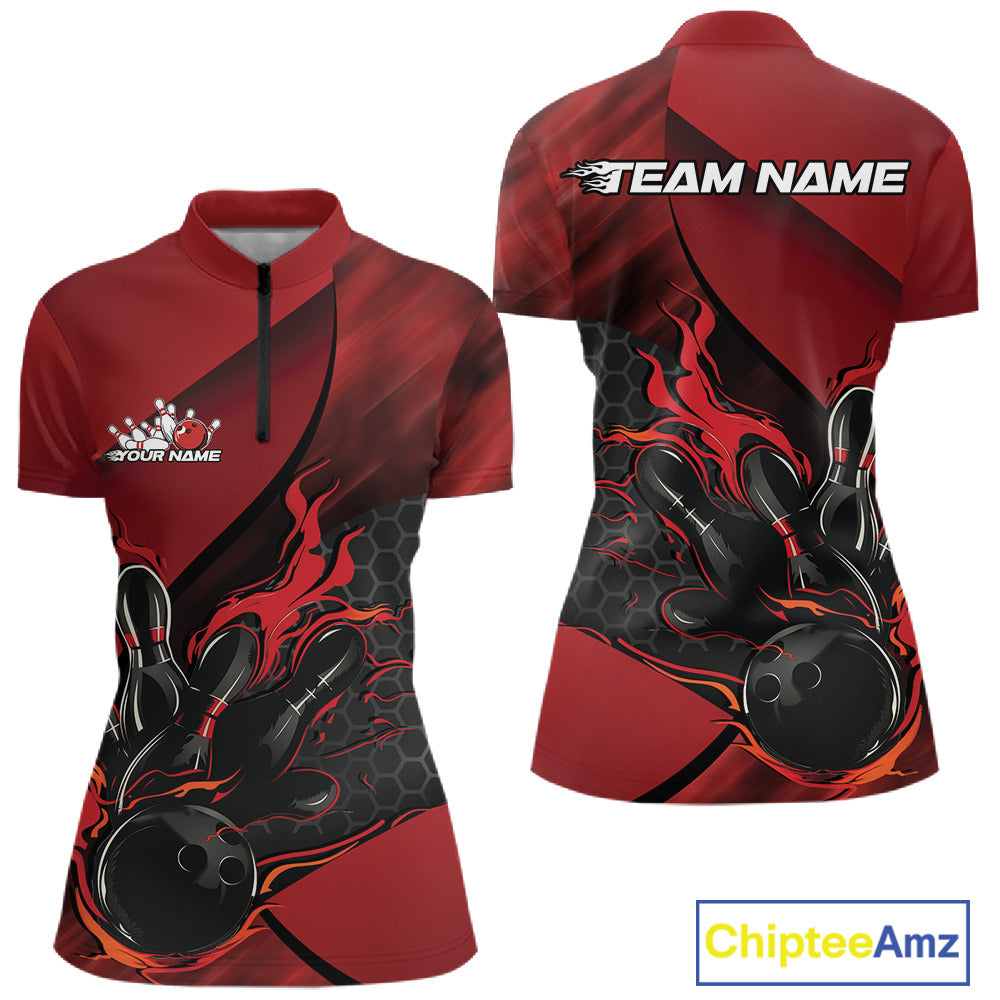 Women’s quarter zip bowling shirt mockup showcasing black and red design with flames around a bowling ball striking pins and hexagon pattern details