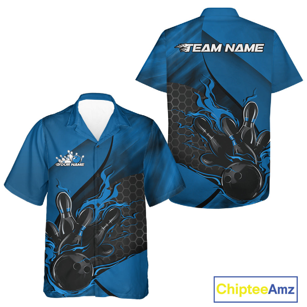 Front and back display of a black and blue button-up bowling shirt featuring a flaming bowling ball striking pins with hexagonal graphics.