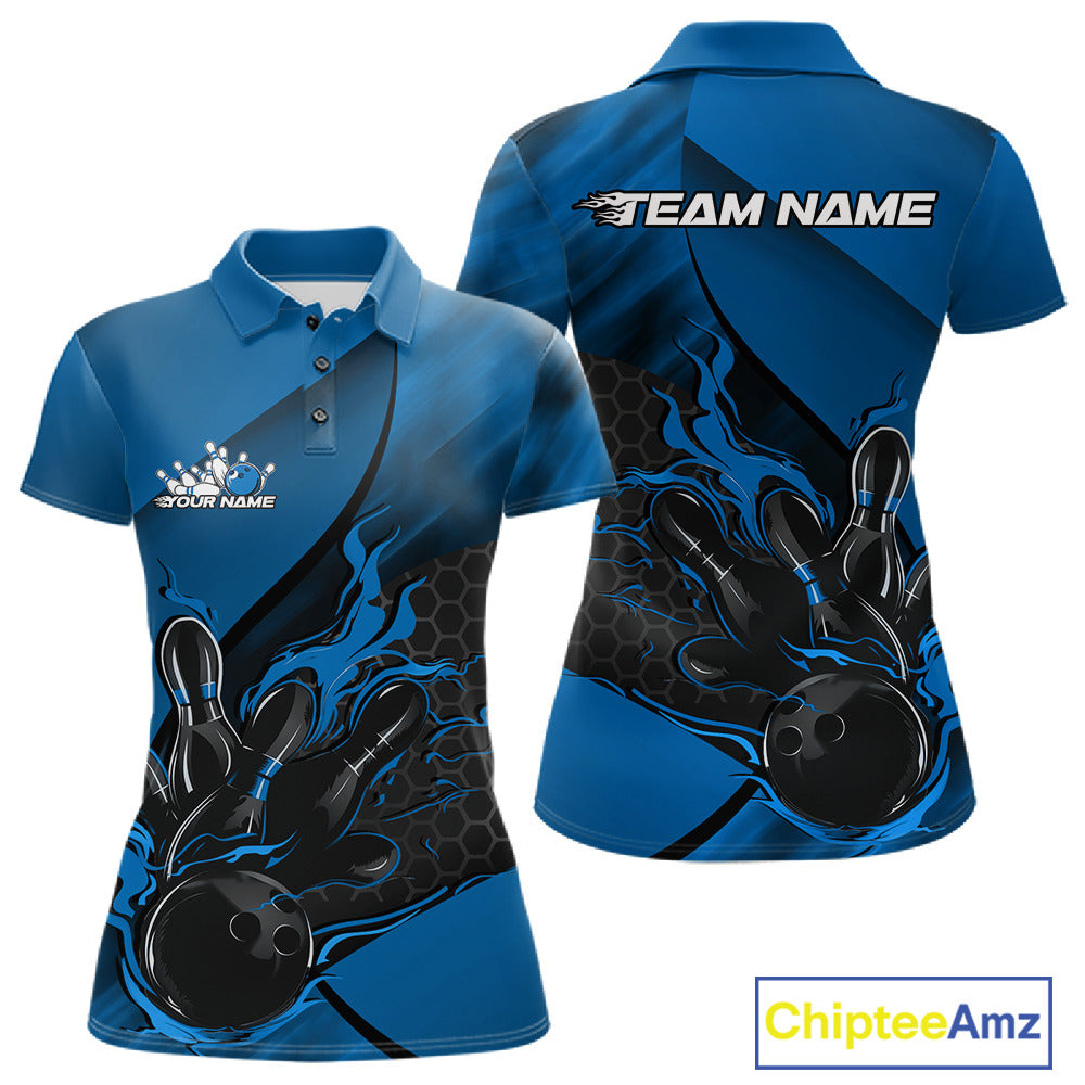 Front and back display of a black and blue women’s bowling polo shirt featuring a flaming bowling ball striking pins with hexagon graphics.