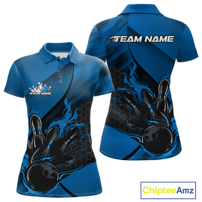 Front and back display of a black and blue women’s bowling polo shirt featuring a flaming bowling ball striking pins with hexagon graphics.