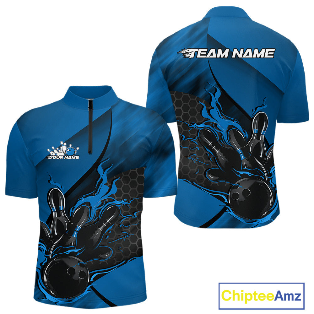 Front and back display of a black and blue men’s bowling quarter-zip shirt featuring a flaming bowling ball striking pins over a hexagon motif.