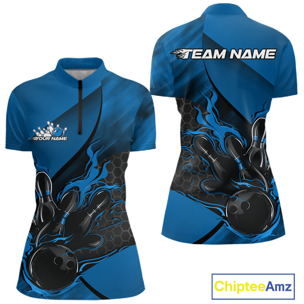 Women’s quarter zip bowling shirt mockup featuring black and blue shirt with flame bowling ball striking pins and hexagon geometric pattern