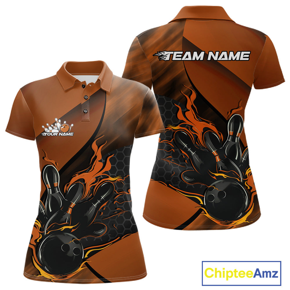 Front and back mockup of a black and orange women’s bowling polo shirt showcasing a flaming bowling ball striking pins with a hexagon pattern.
