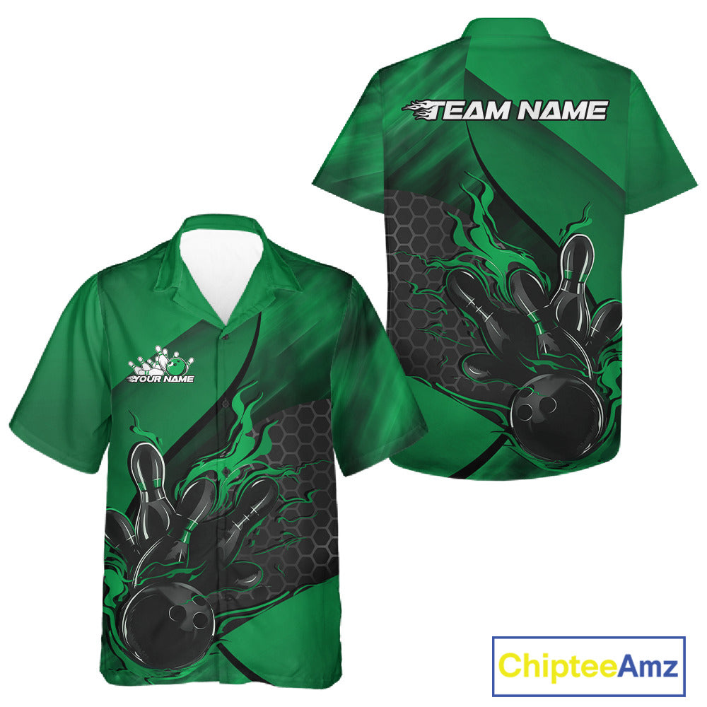 Front and back view of a black and green button-up bowling shirt featuring a flaming bowling ball striking pins over a hexagon pattern.