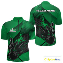 Load image into Gallery viewer, Custom Green Flame Bowling Team Men Quarter-Zip Shirt, Bowling League Shirt Bowler Outfits IPHW11193