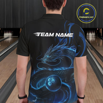 Custom Blue Tribal Flame Dragon Bowlin Team Men Polo Shirt, Dragon Bowling Jerseys IPHW10229