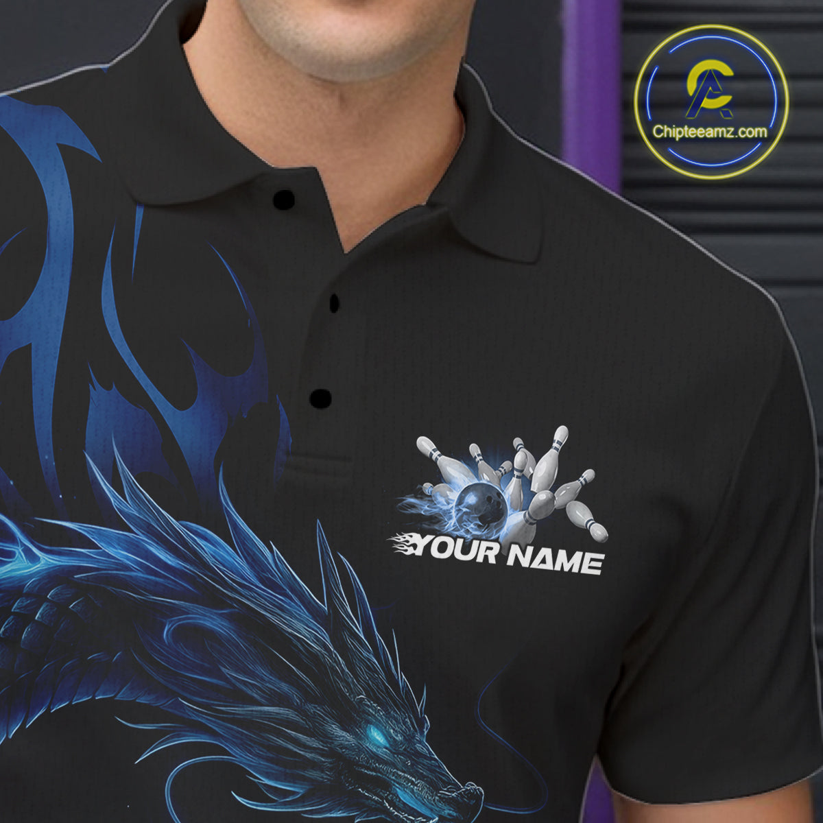 Custom Blue Tribal Flame Dragon Bowlin Team Men Polo Shirt, Dragon Bowling Jerseys IPHW10229
