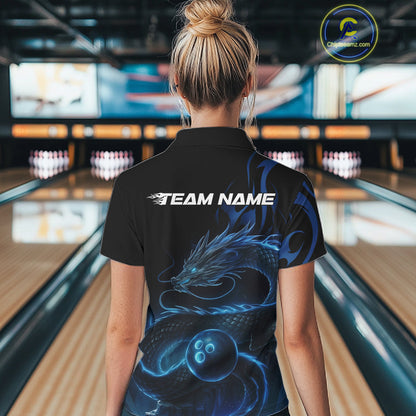Custom Blue Tribal Flame Dragon Bowlin Team Women Polo Shirt, Dragon Bowling Jerseys IPHW10229