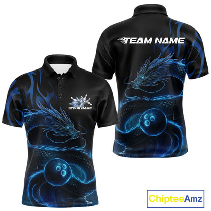 Custom Blue Tribal Flame Dragon Bowlin Team Men Polo Shirt, Dragon Bowling Jerseys IPHW10229