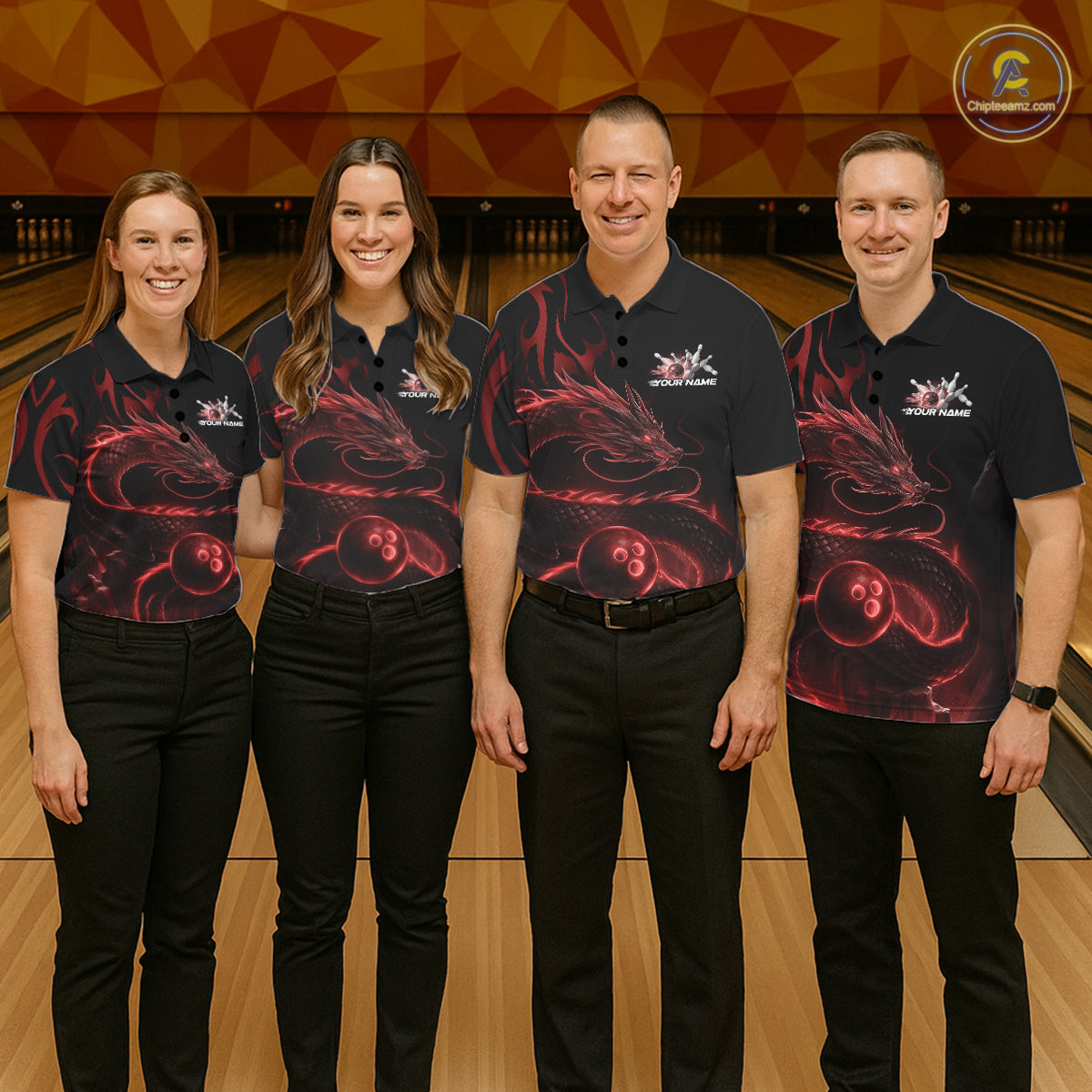 Custom Red Tribal Flame Dragon Bowlin Team Men Polo Shirt, Dragon Bowling Jerseys IPHW10230