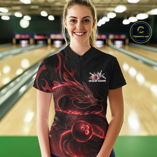 Custom Red Tribal Flame Dragon Bowlin Women Quarter-Zip Shirt, Dragon Bowling Jerseys IPHW10230