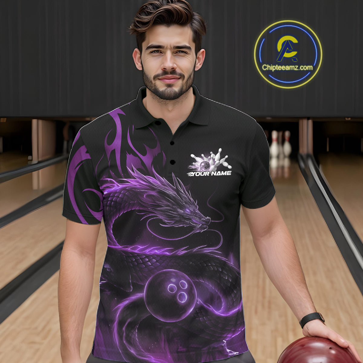 Custom Purple Tribal Flame Dragon Bowlin Team Men Polo Shirt, Dragon Bowling Jerseys IPHW10231