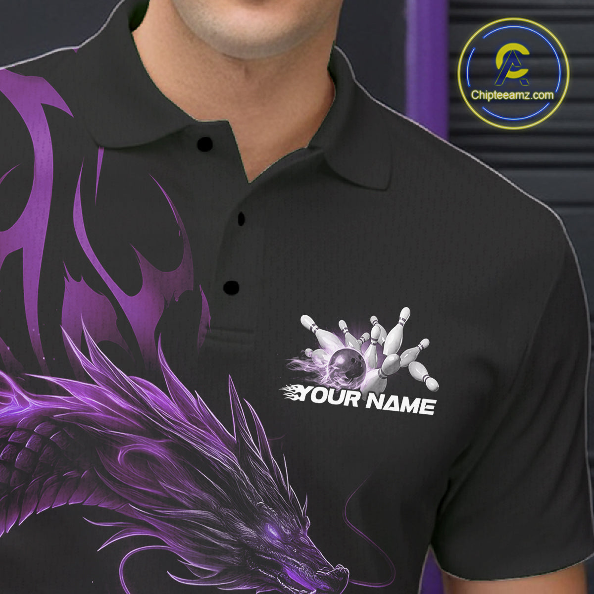 Custom Purple Tribal Flame Dragon Bowlin Team Men Polo Shirt, Dragon Bowling Jerseys IPHW10231