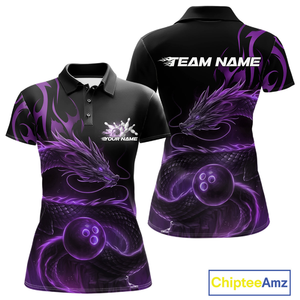 Custom Purple Tribal Flame Dragon Bowlin Team Women Polo Shirt, Dragon Bowling Jerseys IPHW10231