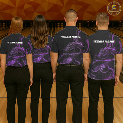 Custom Purple Tribal Flame Dragon Bowlin Team Men Polo Shirt, Dragon Bowling Jerseys IPHW10231