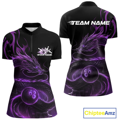 Custom Purple Tribal Flame Dragon Bowlin Women Quarter-Zip Shirt, Dragon Bowling Jerseys IPHW10231