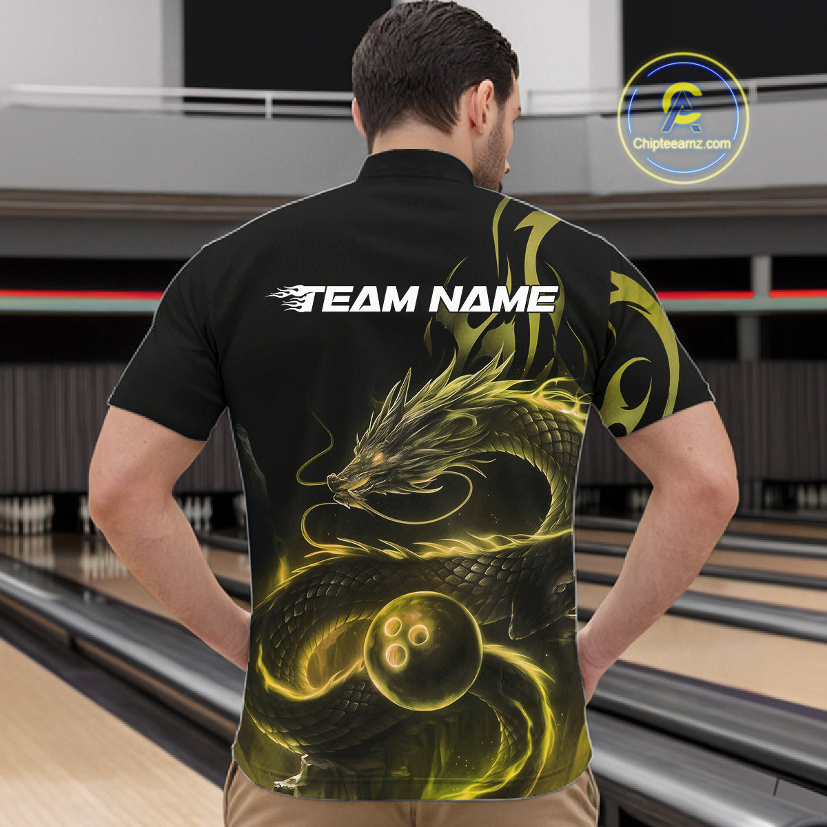 Custom Gold Tribal Flame Dragon Bowlin Team Men Quarter-Zip Shirt, Dragon Bowling Jerseys IPHW10232