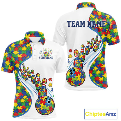 Men’s bowling polo shirt mockup front and back displaying colorful autism-themed bowling strikes and puzzle artwork on white shirt